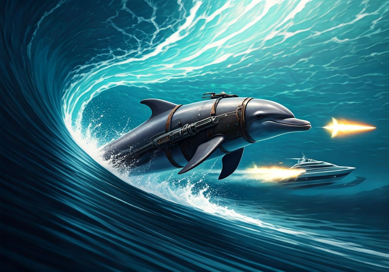 Dolphin with Machine Gun Attacks Boat: Digital Art