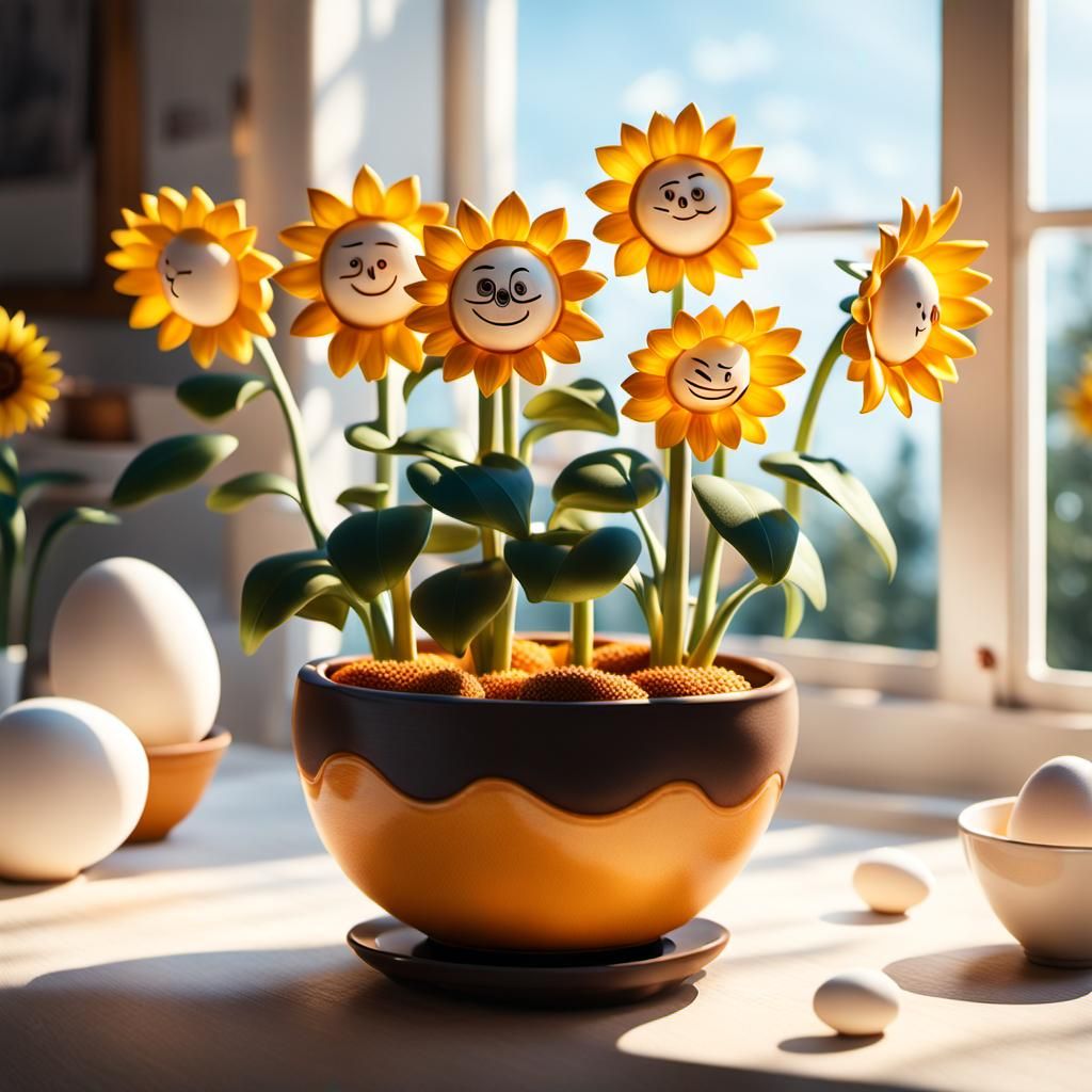 A picturesque ceramic flower pot of  sunflower eggs