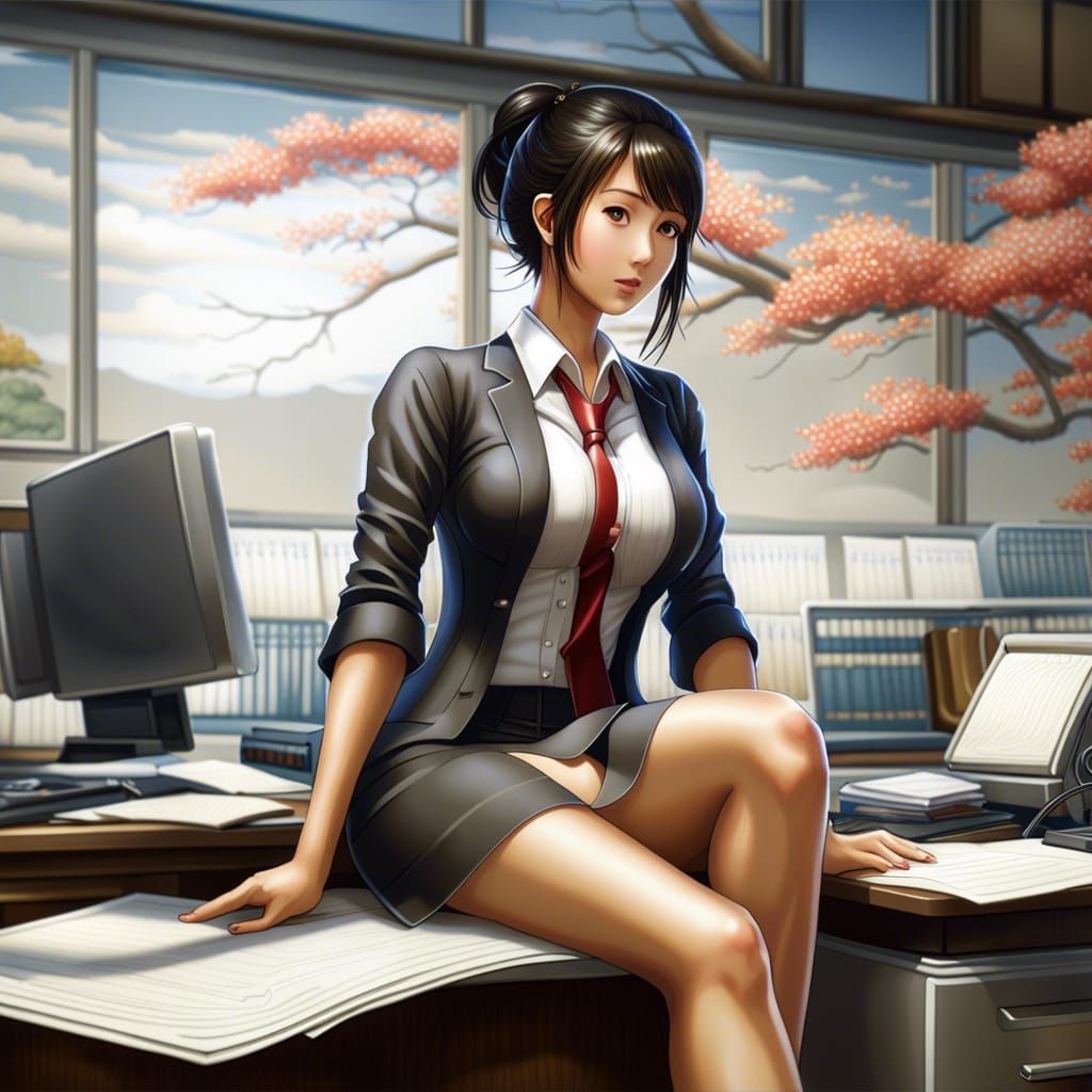 Beautiful Japanese Office Girl in Anime Style