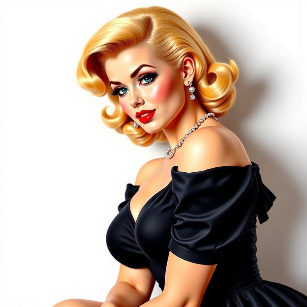 Voluptuous Blonde in Black Dress, 1950s Pin-Up Style