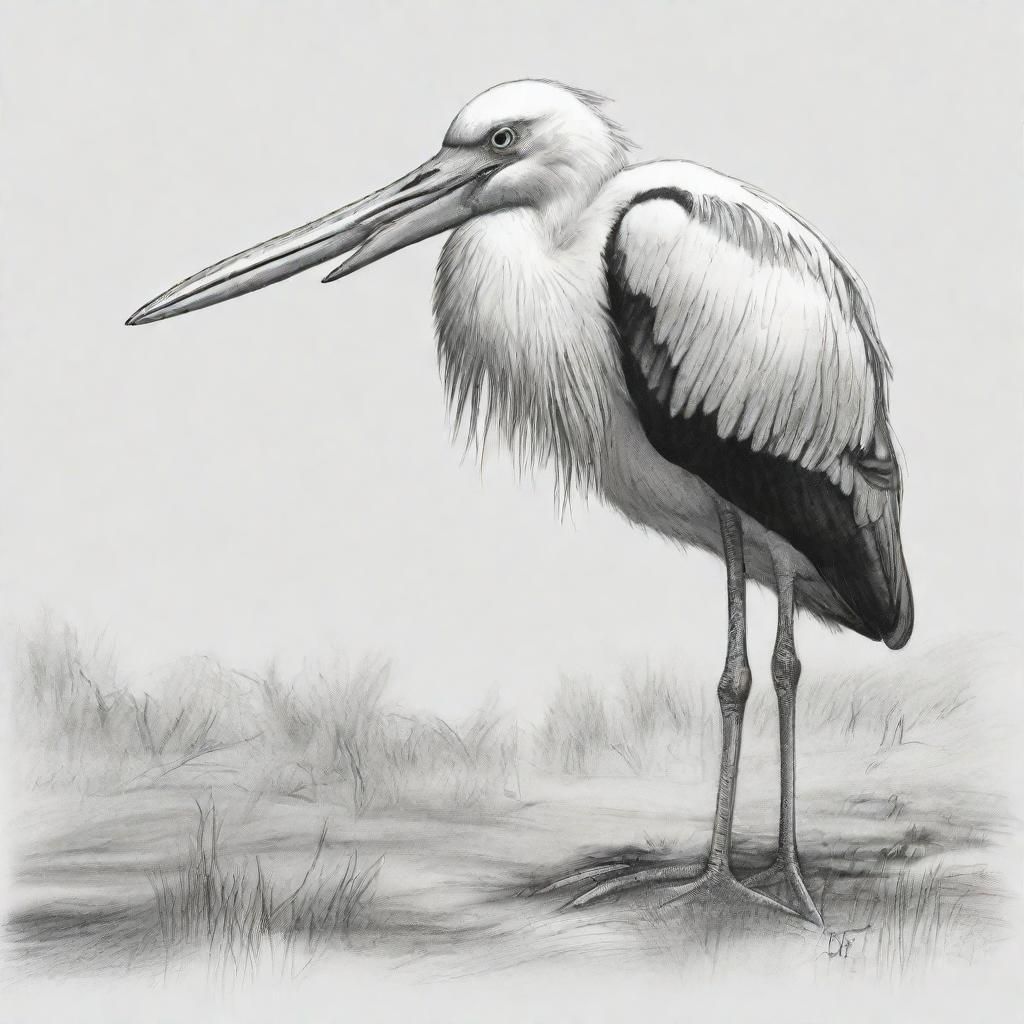 Stork in Pencil and Charcoal Sketch