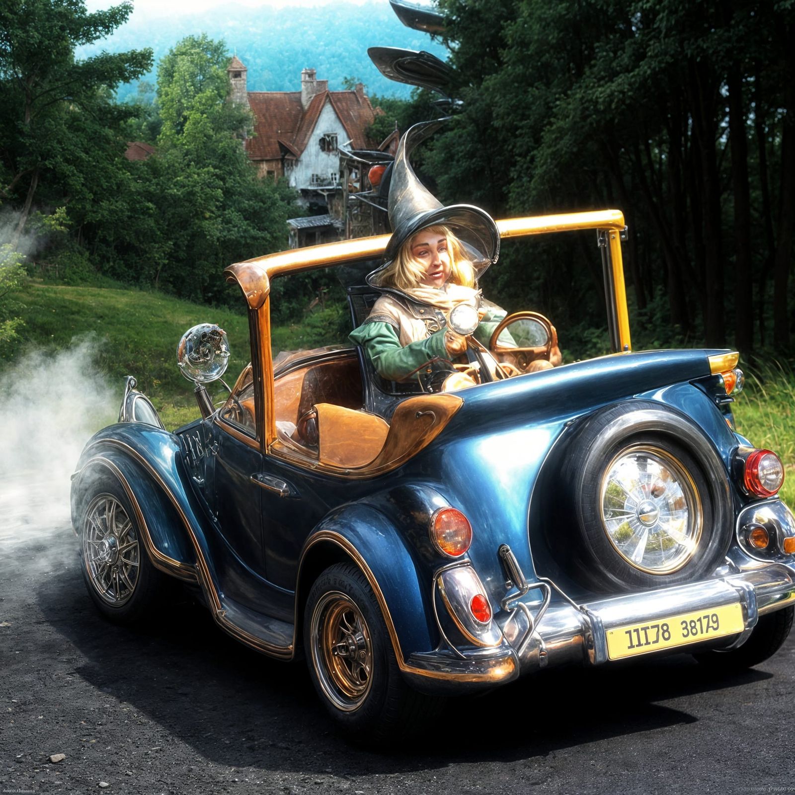 Mystical Dwarf Drives in Enchanted Landscape