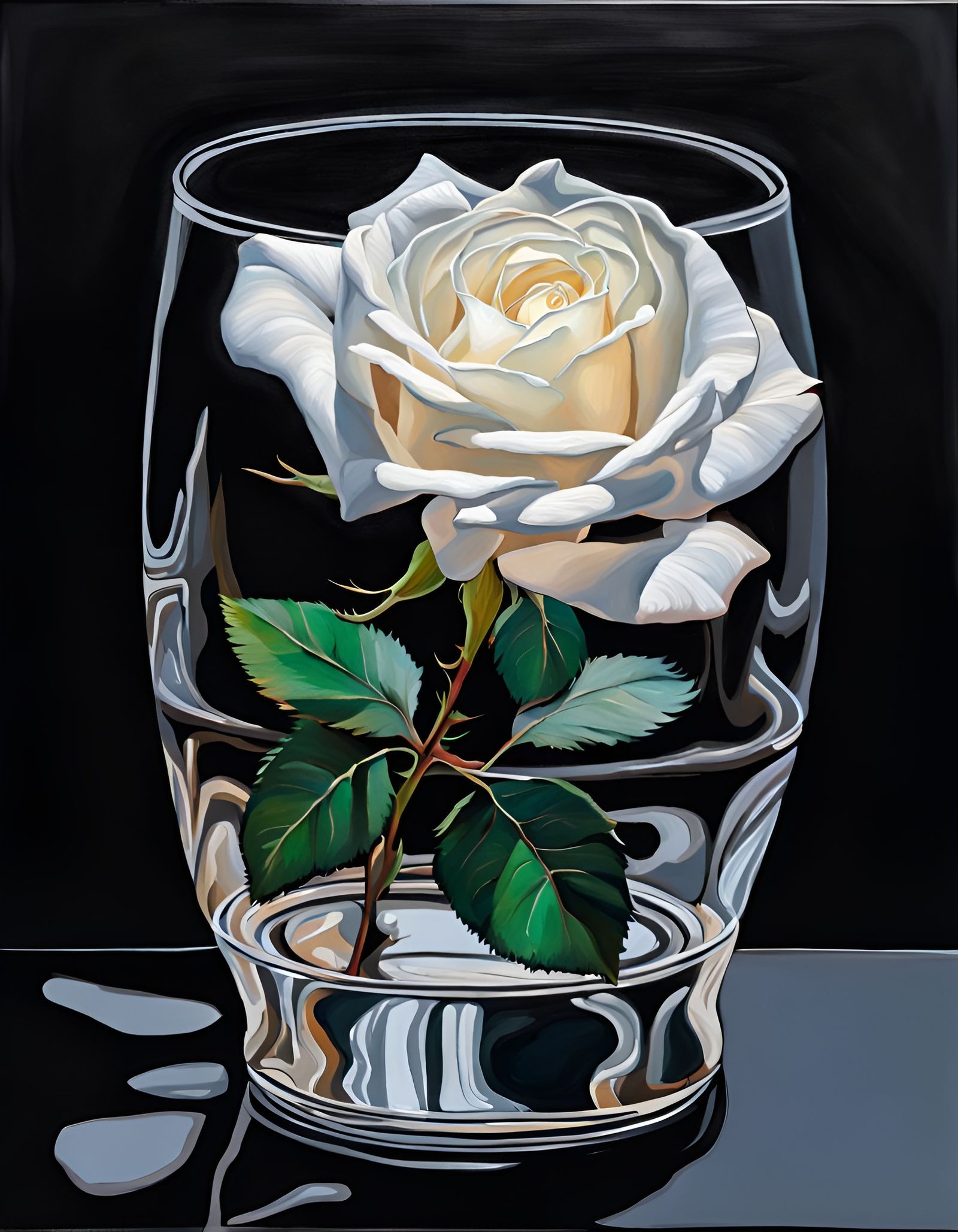 A single white rose blooming with a few leaves in a glass va...