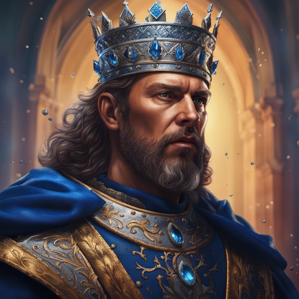 Medieval King with Sapphire Crown: Hyperrealistic Portrait