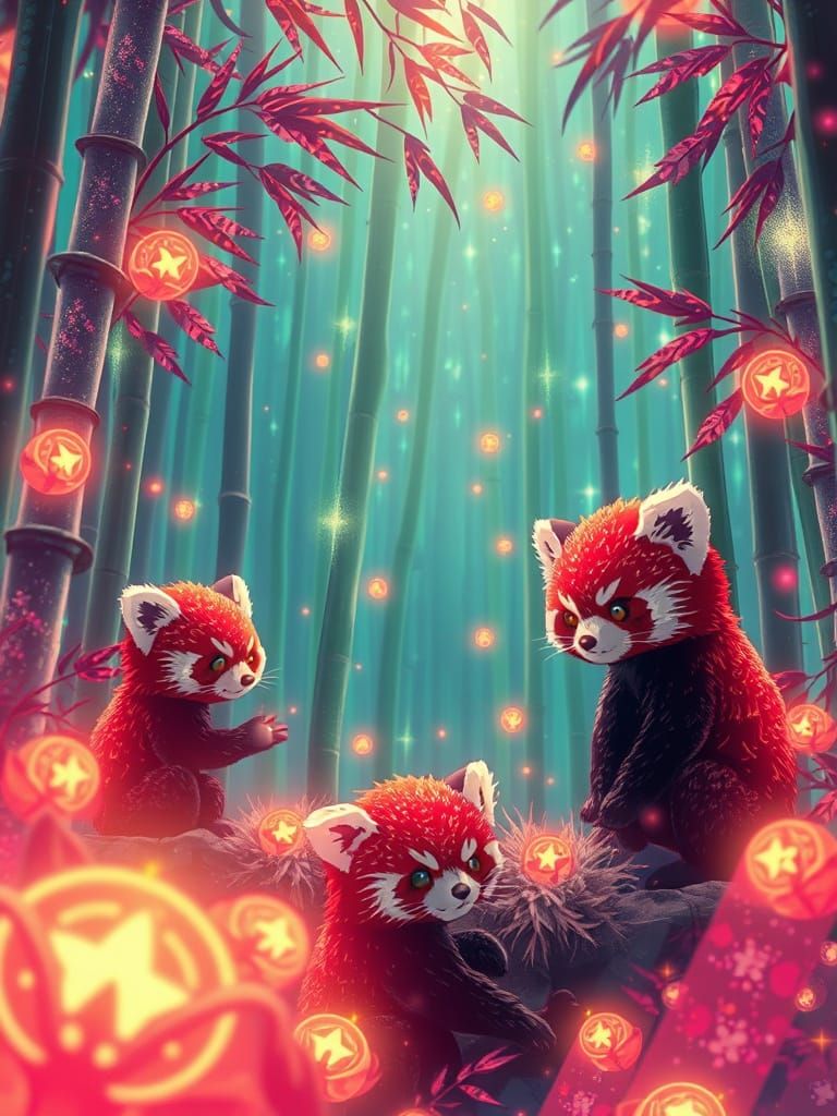 Psychedelic Anime Red Pandas in Fiberoptic Forest