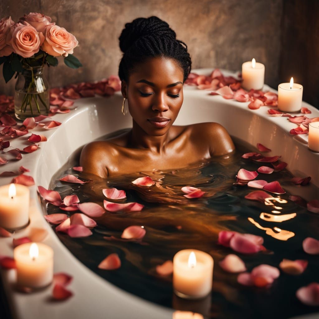 Black Woman in Candlelit Bath with Rose Petals in Soft Water...