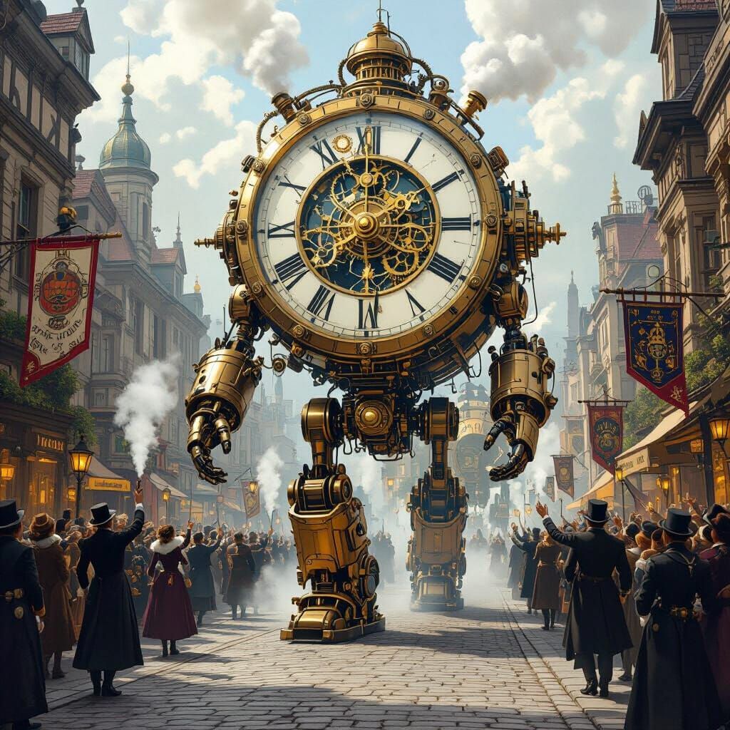 A parade for 'Mechanical Marvel Day', featuring giant, clock...