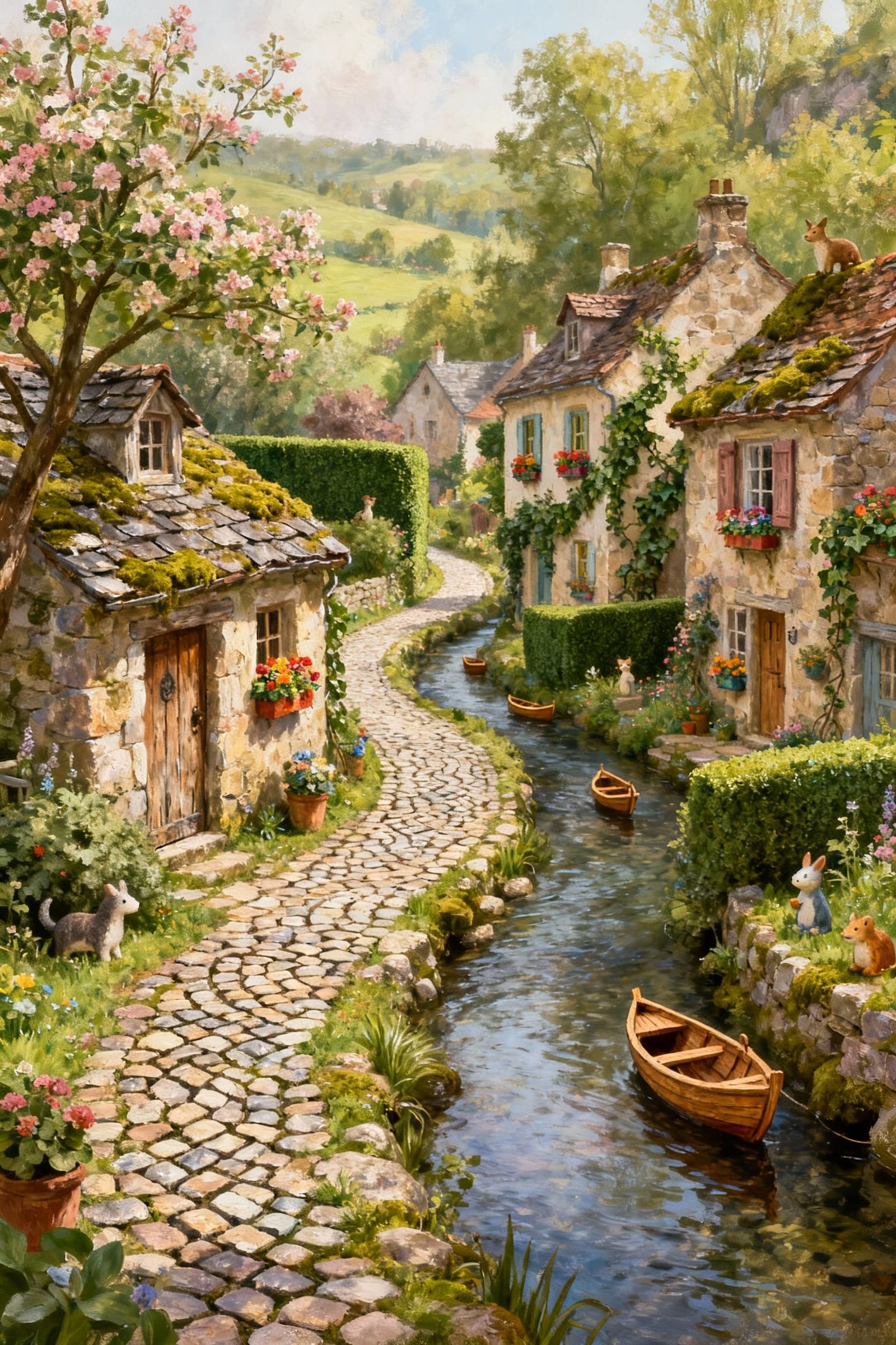 Charming Countryside Village Painting with Boats and Stone H...