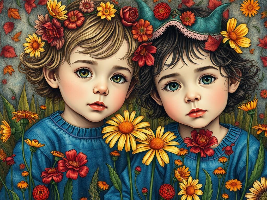 Toddler Siblings Portrait with Autumn Wildflowers, Art Brut