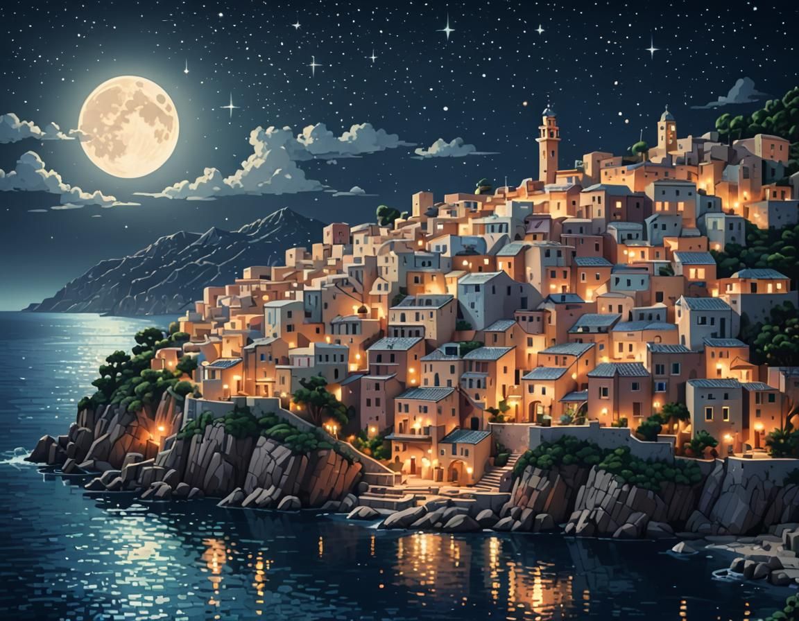 Geometric Pixel Art of Mediterranean Town at Night
