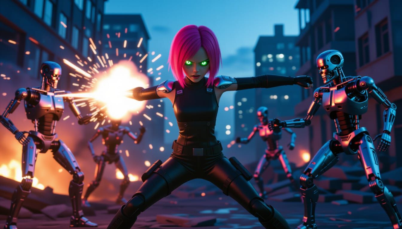Android Girl Fights Terminators in Ruined Cityscape