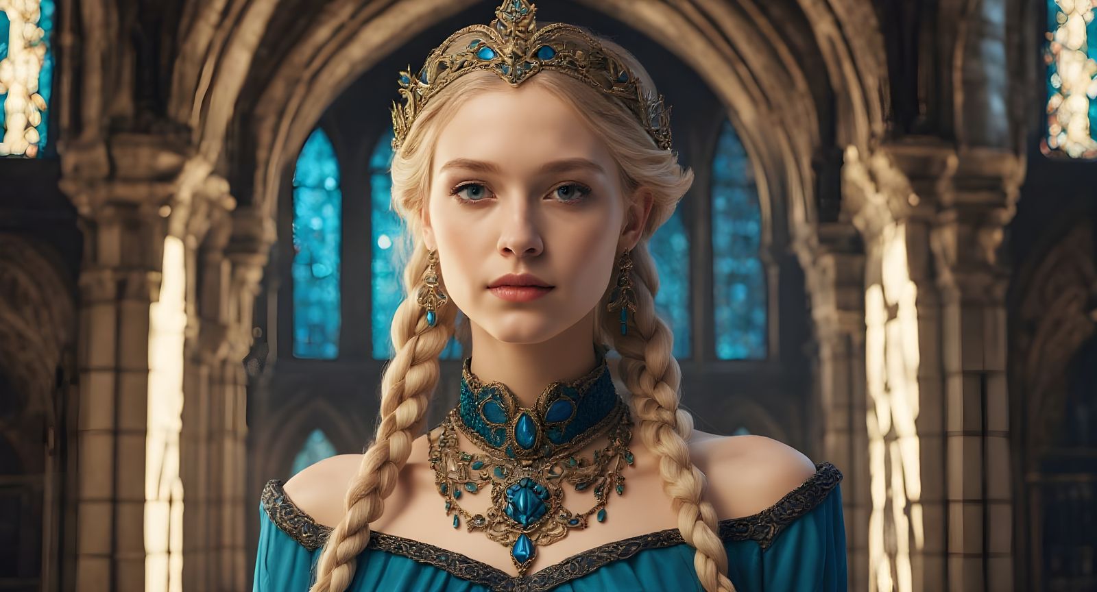 Beautiful Noblewoman in Medieval Castle Hallway