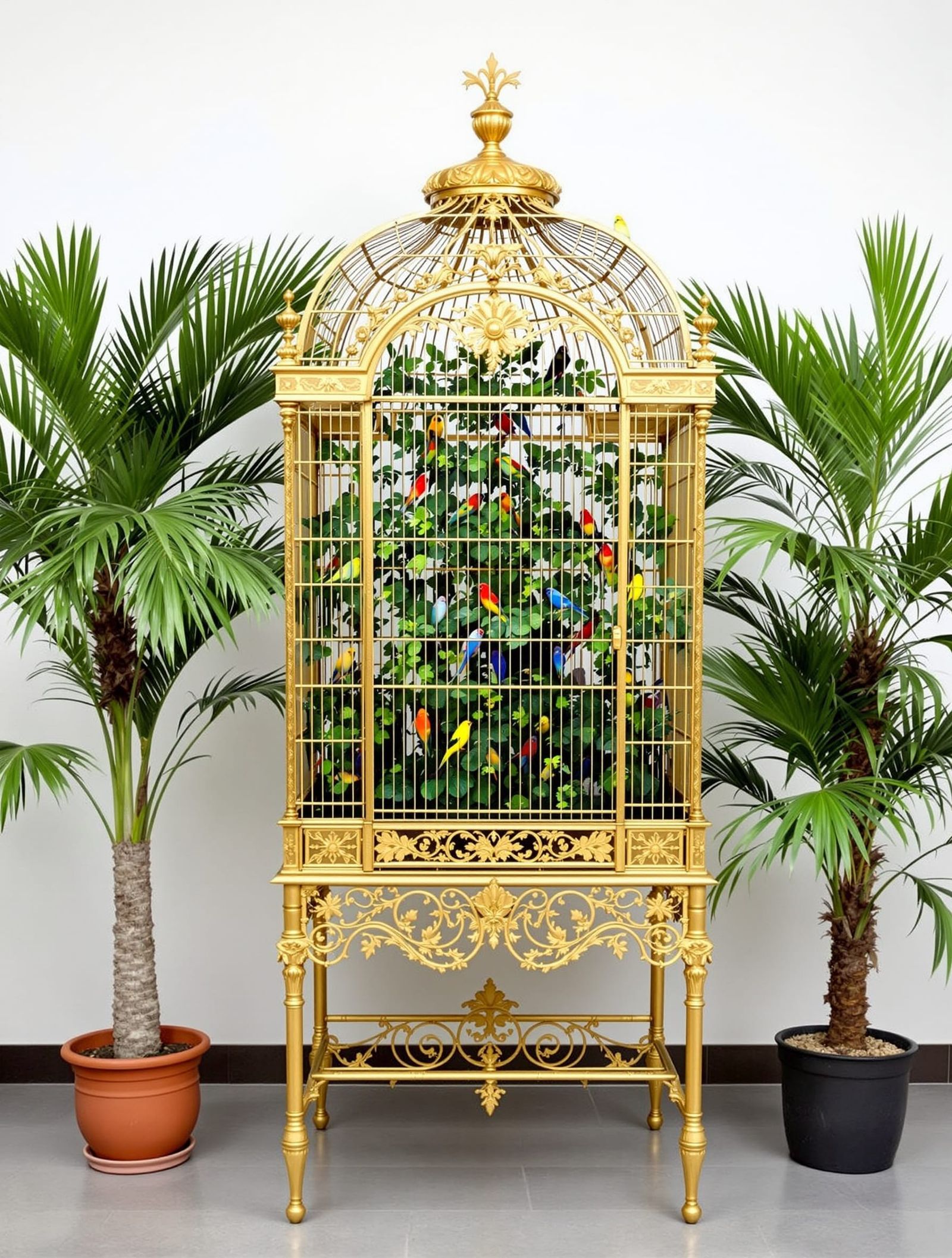 Ornate Gilded Victorian Bird Cage with Tropical Plants