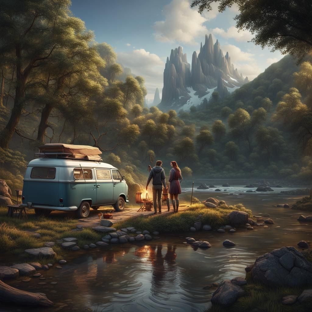 Couple Camping by River in Detailed Matte Painting