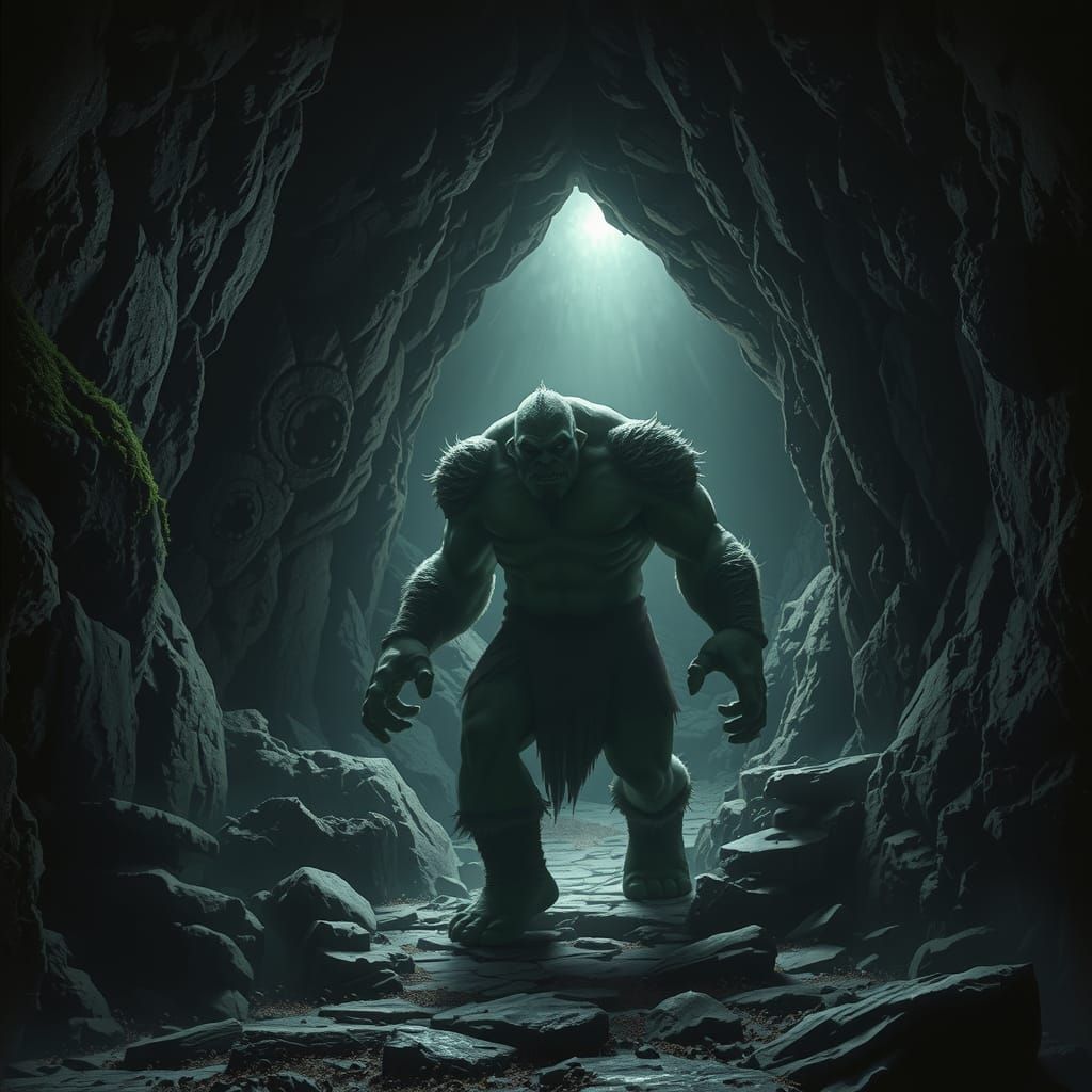 Ogre Guarding Cave Entrance in Dark Fantasy Style