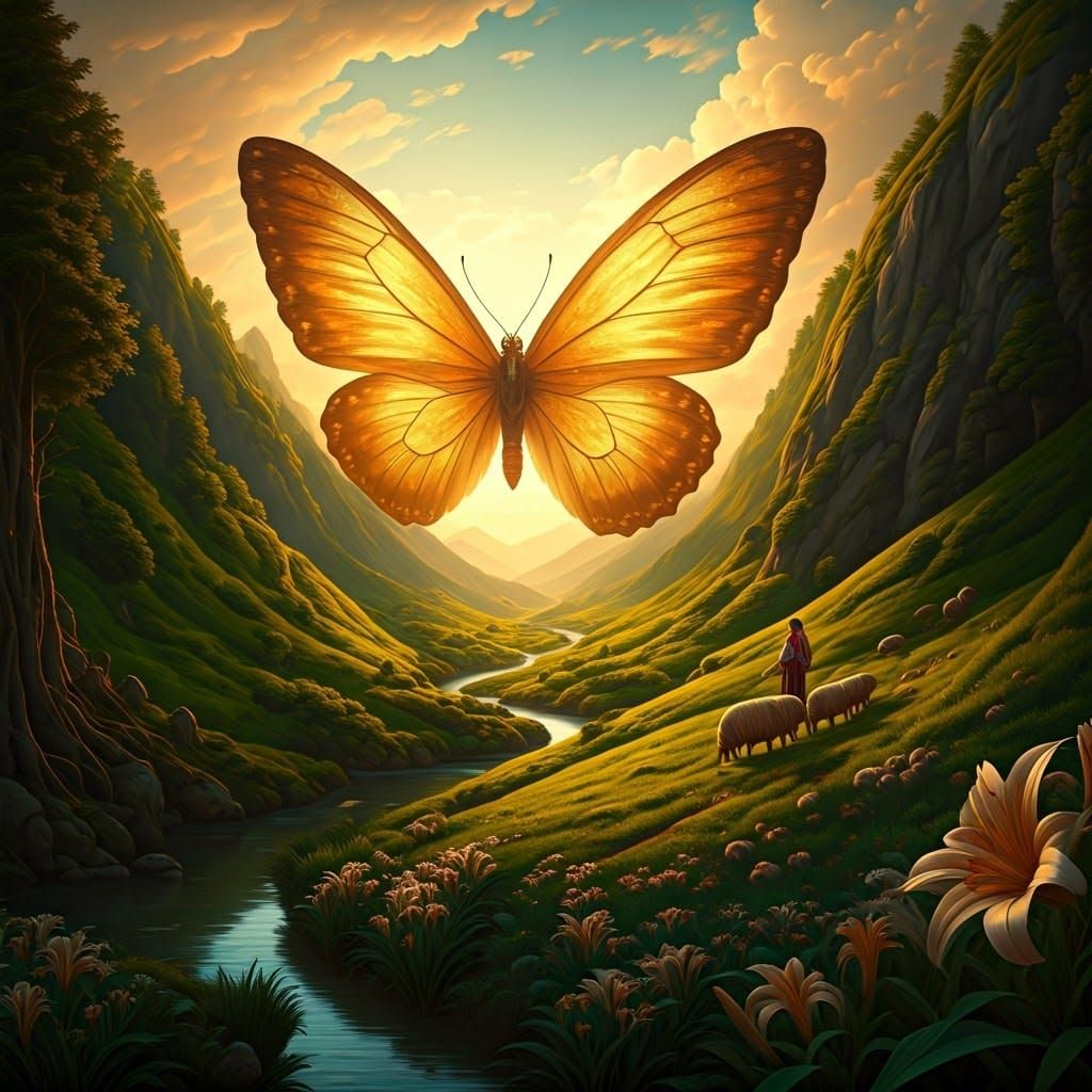 Idyllic Valley Scene with a Colossal Butterfly