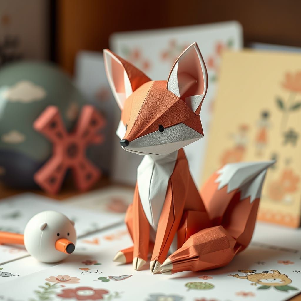 Origami Fox Figurine in Playful Artistic Style