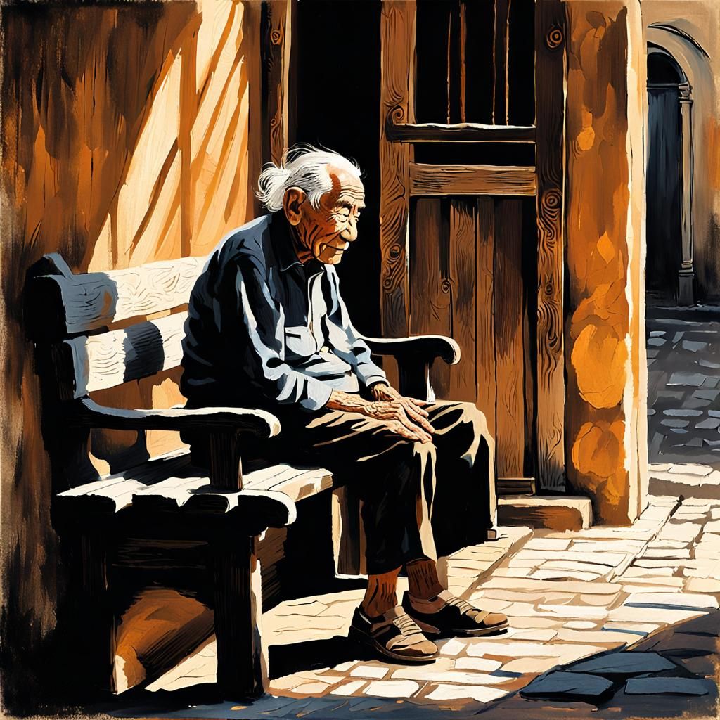 Contemplative Elder in Sunlit Courtyard Portrait