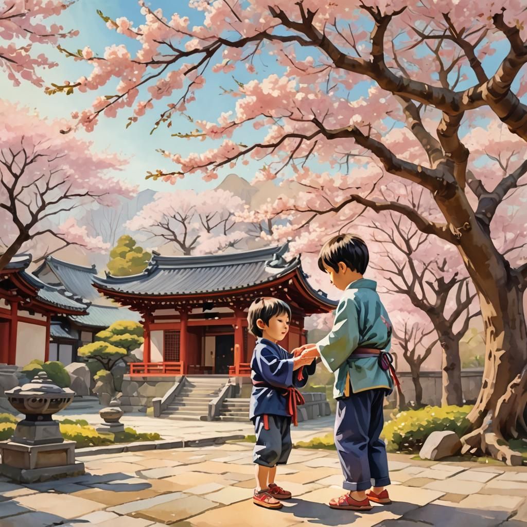 Child Painting Cherry Blossoms: Watercolor-Inspired Digital ...