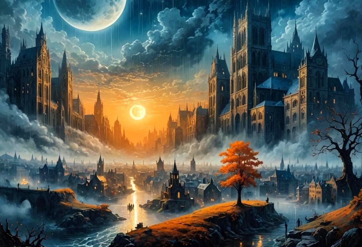 Ethereal Gothic Cityscape with Pale Moon