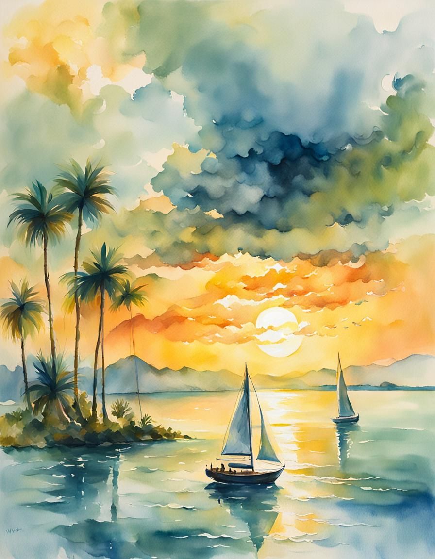 Sunset Over Ocean in Watercolor Gouache Style