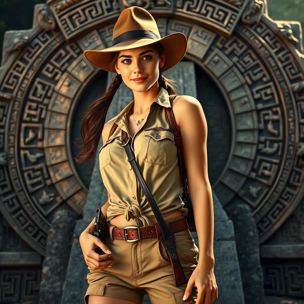 Female Indiana Jones with Aztec Artifact