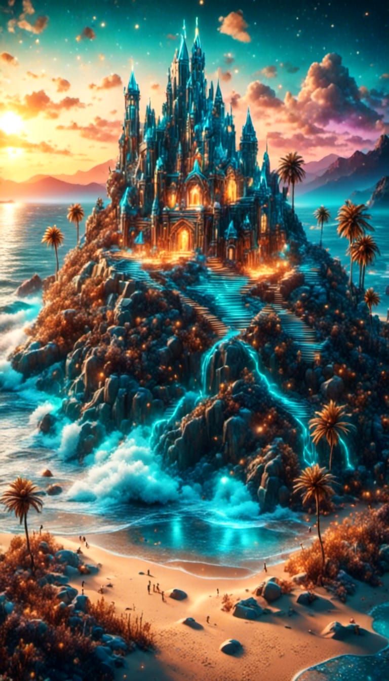 Fractal Sandcastle on Oasis Beach in Surreal Style