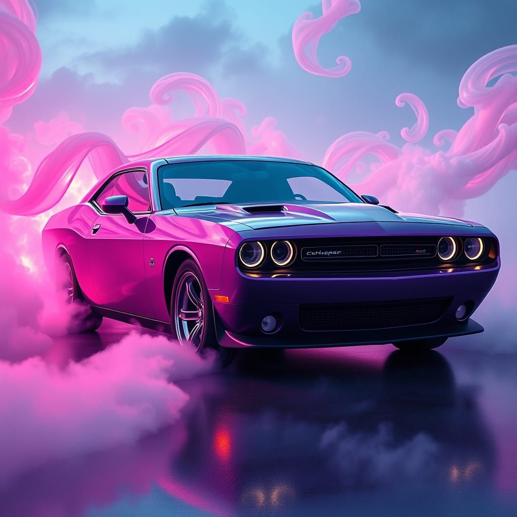 Bold Purple Muscle Car in a Dreamy, Neon-Lit Landscape