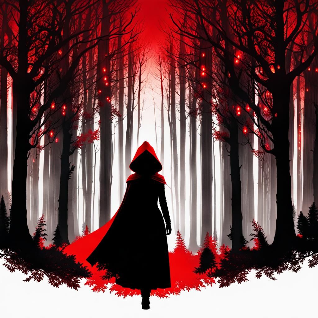 Eerie Double Exposure: Red Riding Hood in Dark Forest