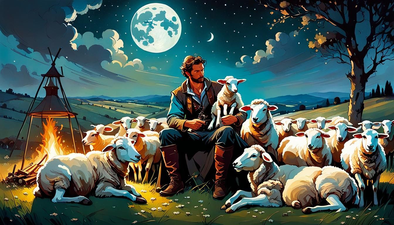 Bioluminescent Night: Shepherd and Sheep in French Countrysi...