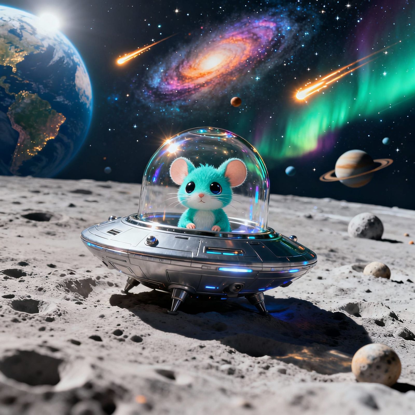 Alien Spaceship with Chibi Mouse on Moon