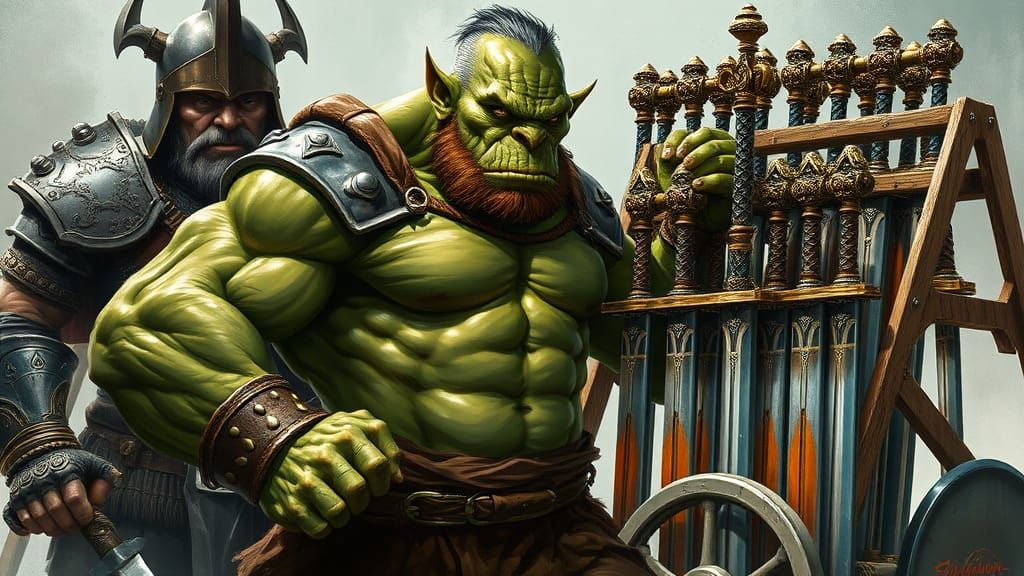 Orc Warrior Reveals Muscular Physique, Gazing Upon Rack of B...
