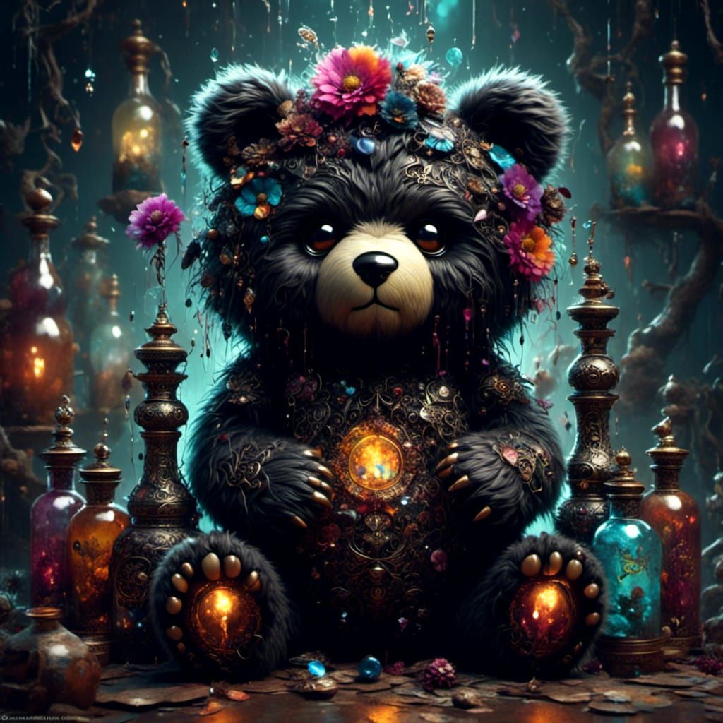 Teddy Bear with Runes and Kitten