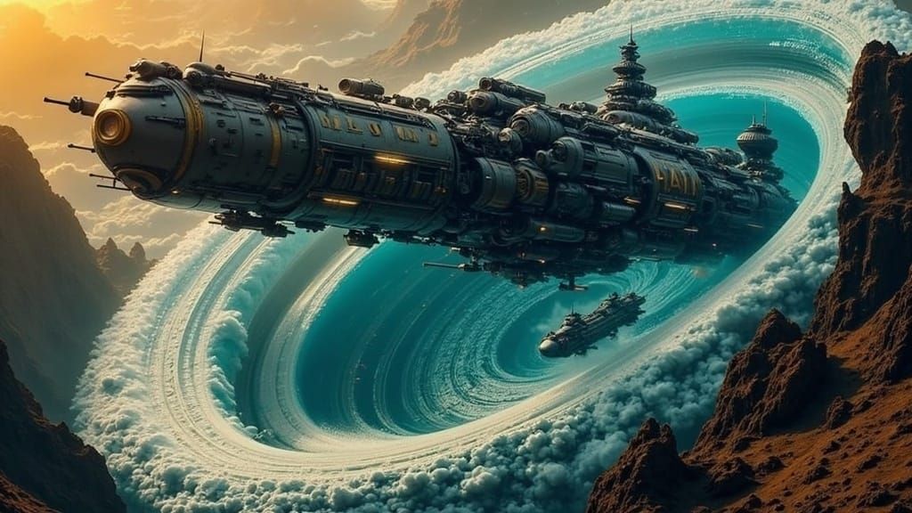 Cyberpunk Military Spaceship in Cosmic Orbit