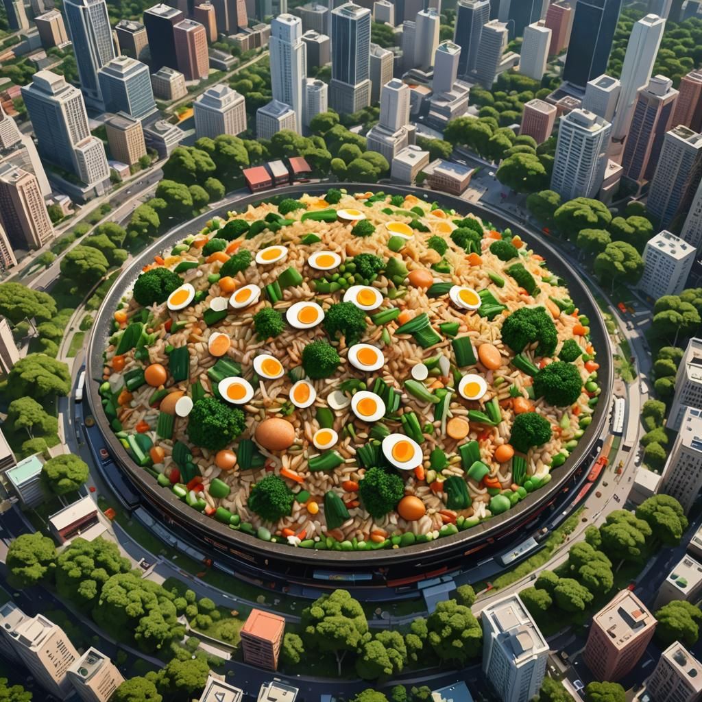 Giant Egg-fried Rice in City Park, Digital Art
