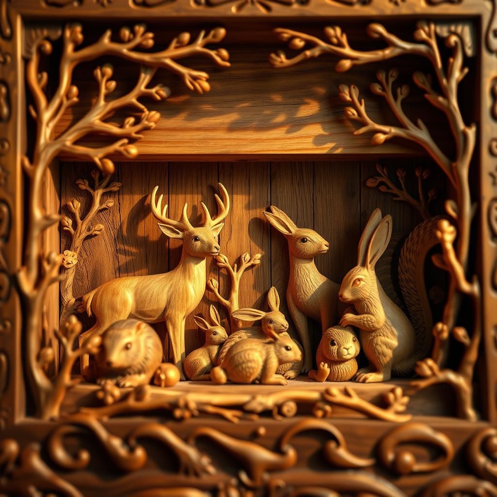 Intricate Wood Carvings of Forest Animals in Ornate Box