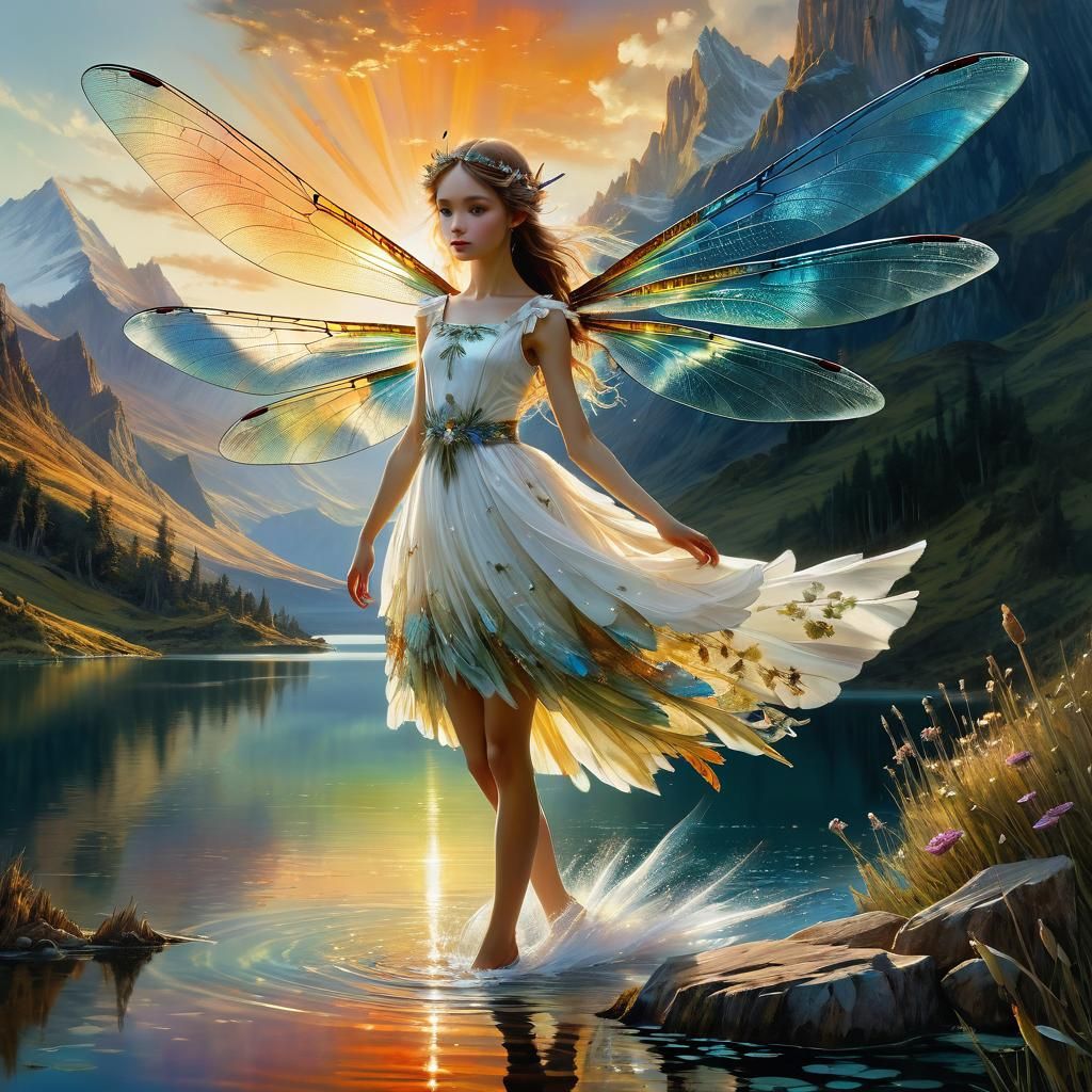 Fairy Over Mountain Lake in Arthur Rackham Style