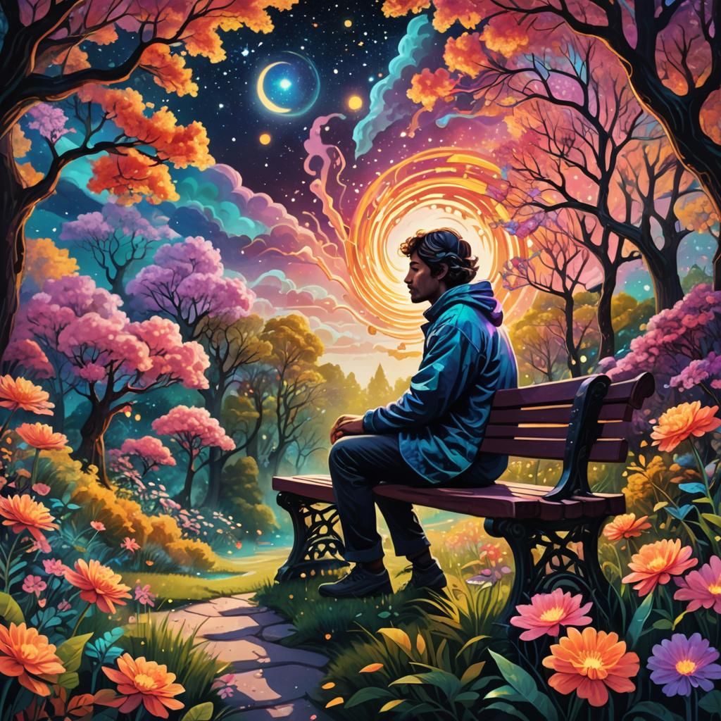 Lush Park Scene with Astral Clouds in Mixed Media