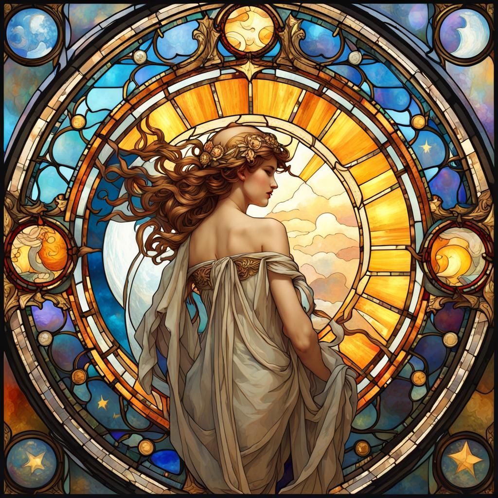 Stained Glass Window with Moon, Sun, and Goddess