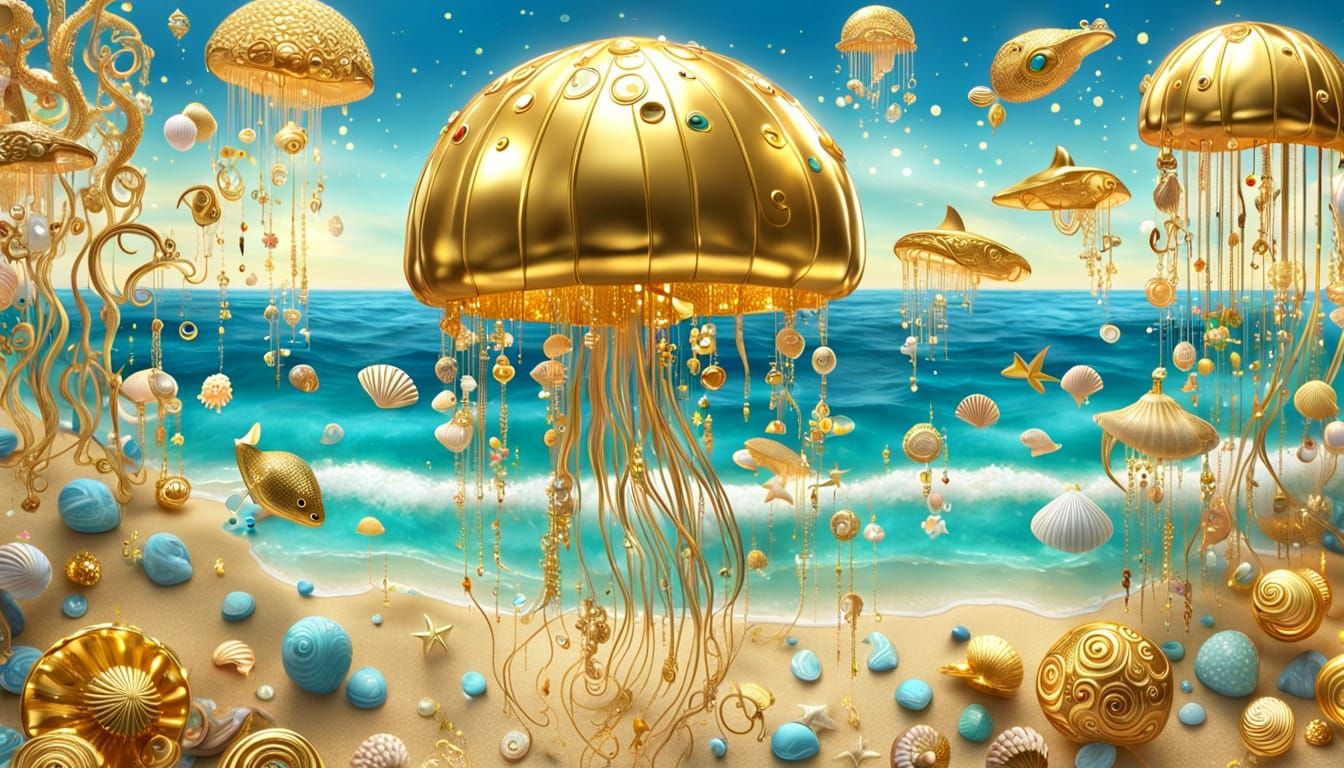 Golden Jellyfish Beach Scene in Klimt Style