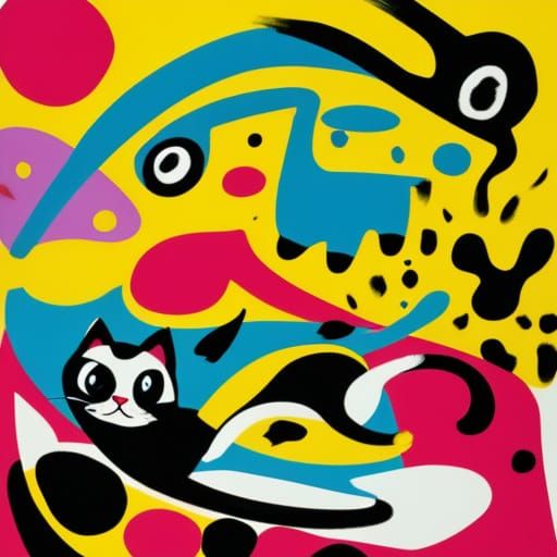 Whimsical Abstract Art of Cat and Dog Playing