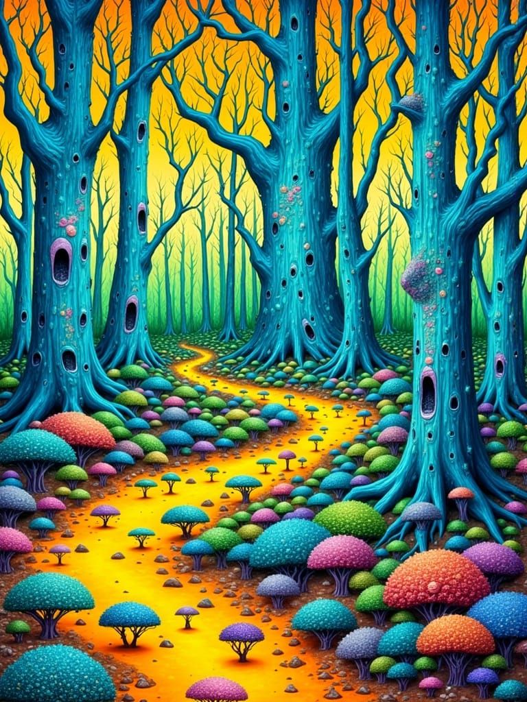 Electric Dreamscape: Whimsical Forest in Dr. Seuss Style
