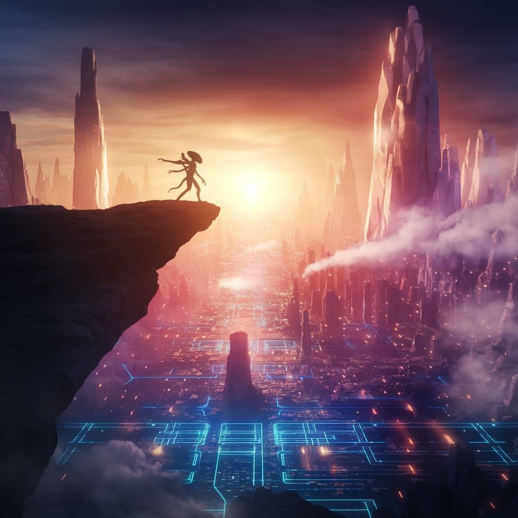 Futuristic Alien Cityscape at Binary Sunset