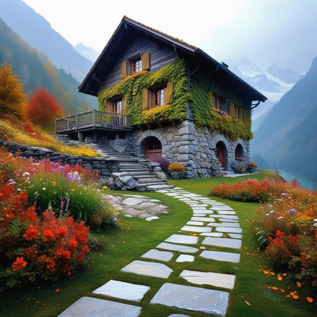 Swiss Alpine Ski Chalet in Autumn Splendor