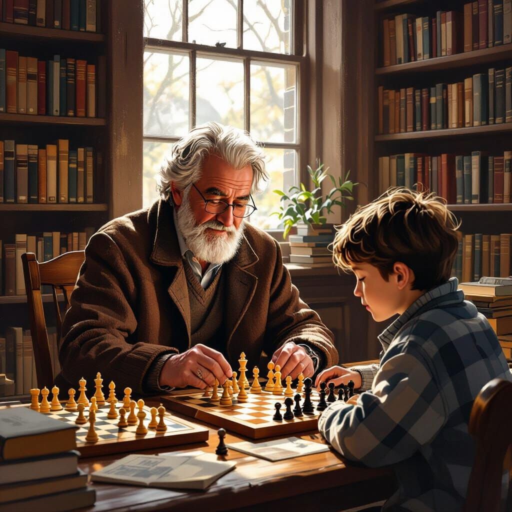 Cozy Library Chess Lesson in Rembrandt Style