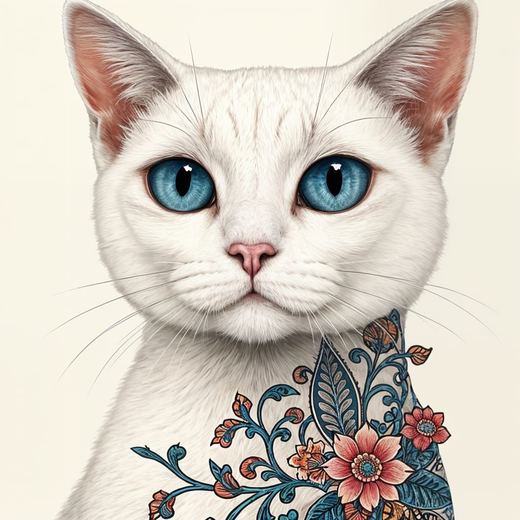Elegant White Cat with Paisley Floral Design