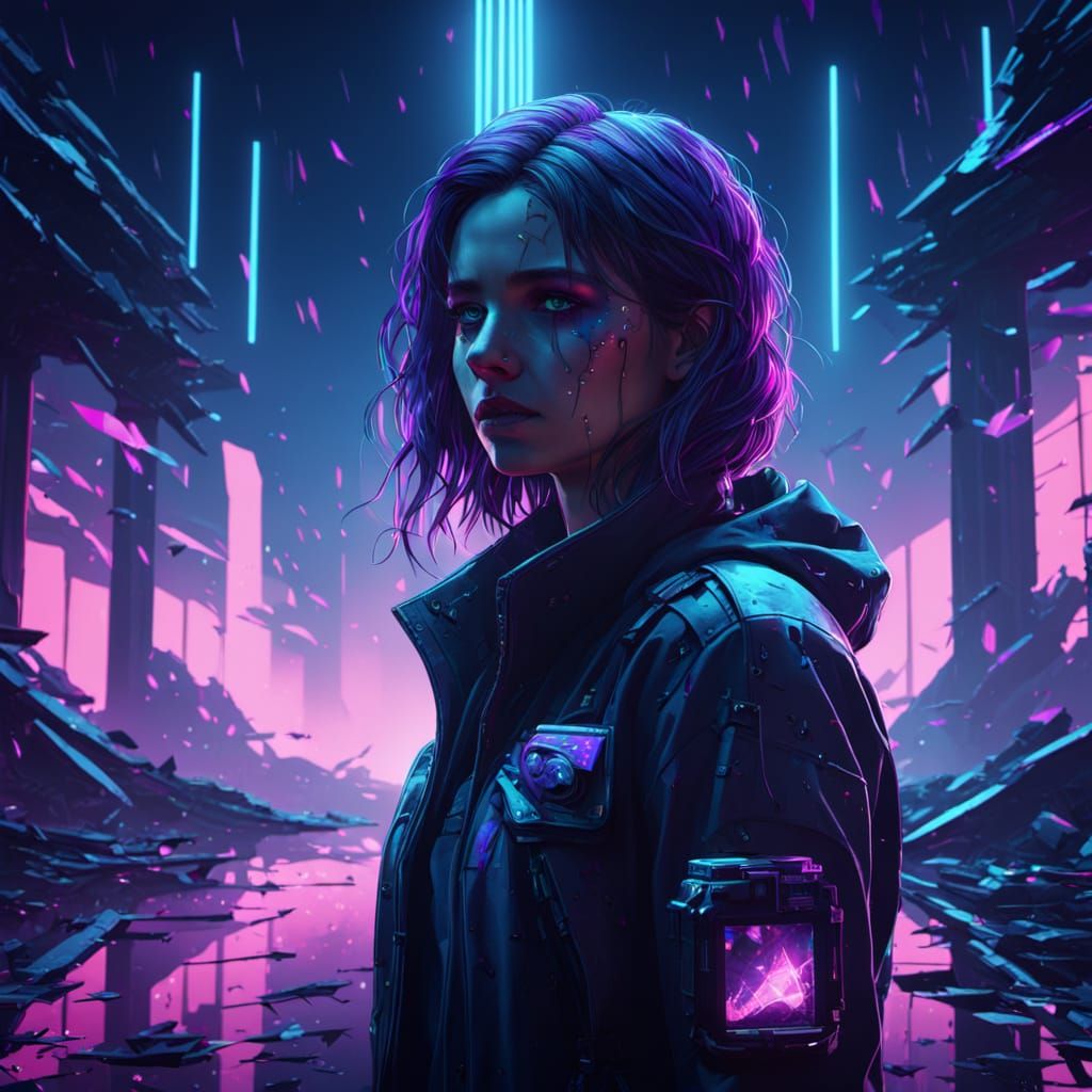 A Woman Broken by Shattered Dreams in Neon Lit Darkness