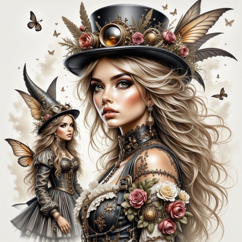 Steampunk Fairy Encounter in Watercolor Pencil Style