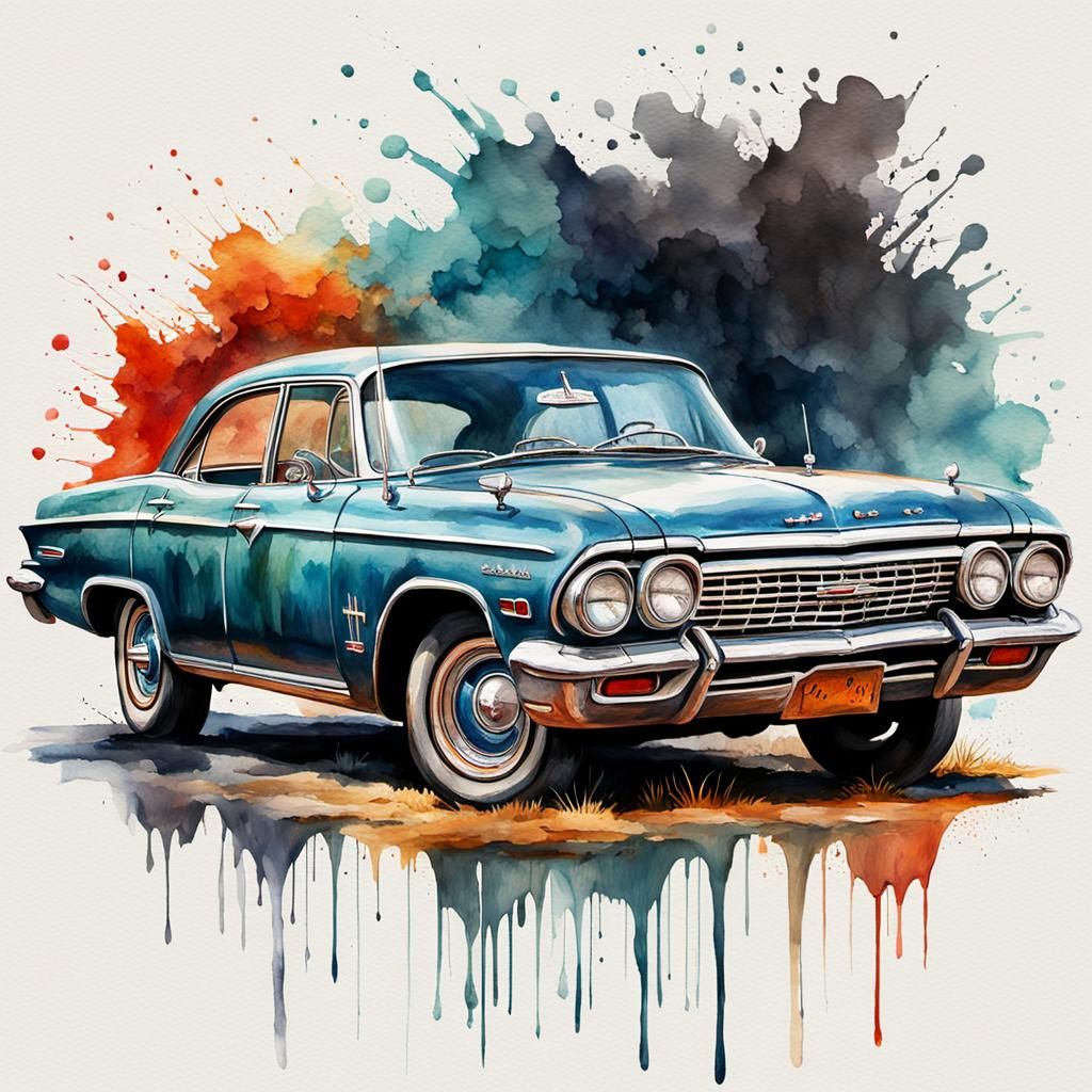Grotesque Watercolor of Classic Car in Gothic Style