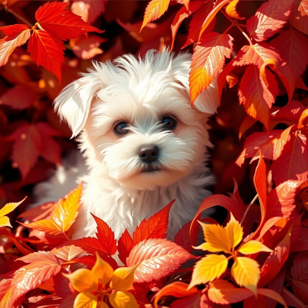 Maltese Puppy in Swirling Autumn Leaves, Digital Art